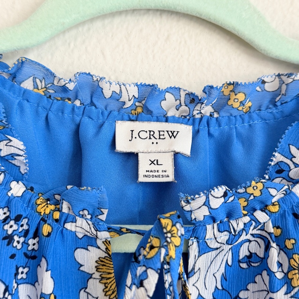 J. Crew Bright Blue White and Yellow Sleeveless Floral Tie-Neck Blouse - Picture 3 of 5